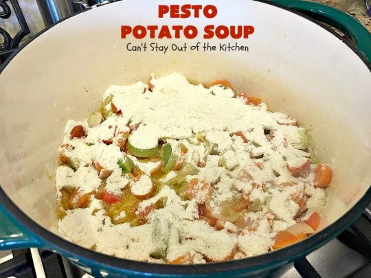 Pesto Potato Soup | Can't Stay Out of the Kitchen | This is an awesome #soup. It's filled with #pesto sauce #parmesan cheese & topped with #bacon. It's heavenly & certainly nice enough for company. #potatoes #glutenfree