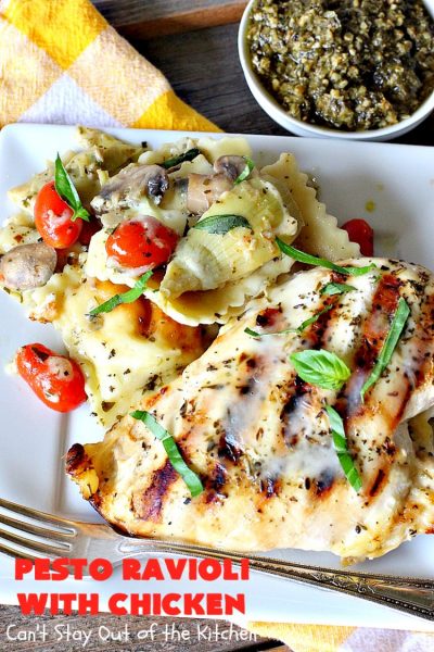 Pesto Ravioli with Chicken | Can't Stay Out of the Kitchen | Succulent & amazing #chicken #recipe with #pesto sauce, #ravioli #mushrooms, #tomatoes & #artichokes. Our company loved this entree. #cheese #parmesancheese #Italian 