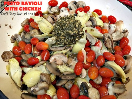 Pesto Ravioli with Chicken | Can't Stay Out of the Kitchen | Succulent & amazing #chicken #recipe with #pesto sauce, #ravioli #mushrooms, #tomatoes & #artichokes. Our company loved this entree. #cheese #parmesancheese #Italian 