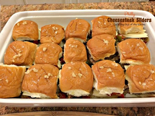 Philly Cheesecake Sliders | Can't Stay Out of the Kitchen | one of the most scrumptious #sliders you'll ever eat. Great for #tailgating parties or the #SuperBowl! These use #King'sHawaiianRolls. 