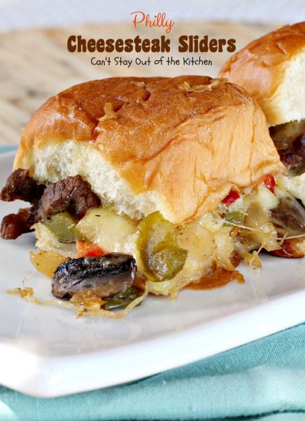 Philly Cheesecake Sliders | Can't Stay Out of the Kitchen | one of the most scrumptious #sliders you'll ever eat. Great for #tailgating parties or the #SuperBowl! These use #King'sHawaiianRolls. 