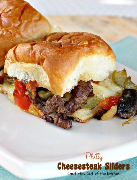 Philly Cheesecake Sliders | Can't Stay Out of the Kitchen | one of the most scrumptious #sliders you'll ever eat. Great for #tailgating parties or the #SuperBowl! These use #King'sHawaiianRolls.