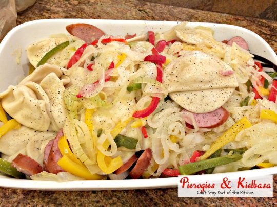 Pierogies & Kielbasa | Can't Stay Out of the Kitchen | delicious #Polish dish with #kielbasa #pierogies peppers and onions. #sausage