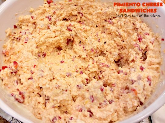 Pimiento Cheese Sandwiches | Can't Stay Out of the Kitchen | these #sandwiches have always been a family favorite because I use #CreamCheese. So delicious. #Pimientos #CheddarCheese #PimentoCheeseSandwiches 