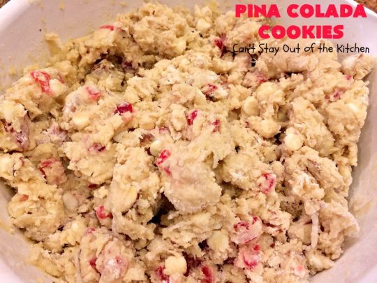 Pina Colada Cookies | Can't Stay Out of the Kitchen | these spectacular #Christmas #cookies have #pineapple, #coconut, #almonds, #candiedcherries & vanilla chips. They are out of this world good! Perfect for #holiday #baking & #ChristmasCookie Exchanges. #dessert #CherryDessert #PineappleDessert #PinaColada #ChristmasCookieExchange