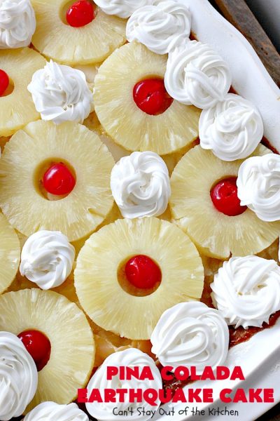 Pina Colada Earthquake Cake | Can't Stay Out of the Kitchen | best #cake ever! This heavenly #dessert is filled with #pineapple, #coconut, macadamia nuts & vanilla chips. #Creamcheese frosting bakes into the cake causing it to crater, erupt & explode in an earthquake! Perfect for #holidays or special occasions. 