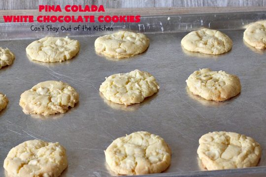 Pina Colada White Chocolate Cookies | Can't Stay Out of the Kitchen | this quick & easy 5-ingredient #cookie is crazy good! You can have #dessert made in about 30 minutes with this simple #recipe. If you enjoy the flavor of #PinaColadas you'll love these cookies. #Pineapple #Coconut #WhiteChocolateChips #chocolate #PinaColada #PinaColadaWhiteChocolateCookies #PinaColadaDessert #ChocolateDessert #PineappleDessert #tailgating