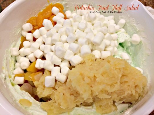 Pistachio Fruit Fluff Salad | Can't Stay Out of the Kitchen | Such a quick, easy and refreshing #fruitsalad for summer barbecues and #holidays. #fruit #salad