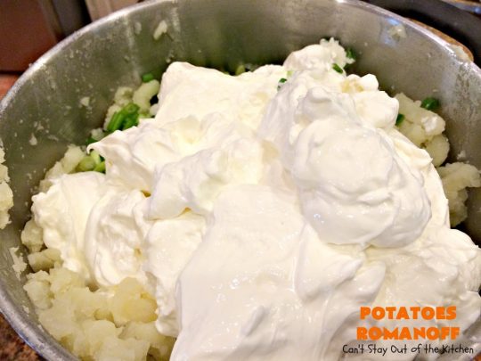 Potatoes Romanoff | Can't Stay Out of the Kitchen | this easy #MashedPotatoes #casserole is made a day before cooking it, making it perfect for #holidays like #Thanksgiving or #Christmas since you can make it ahead. It's one of our favorite ways to serve #potatoes. #glutenfree #cheddarcheese