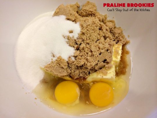 Praline Brookies | Can't Stay Out of the Kitchen | this outrageous #dessert has a #brownie layer, a #praline layer & topped with a #MrsFields #chocolate chip #cookie dough layer. Utterly amazing!