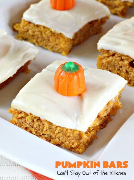 Pumpkin Bars | Can't Stay Out of the Kitchen | sensational #dessert for #fall #baking. The #creamcheese frosting is heavenly. #pumpkin #cookie