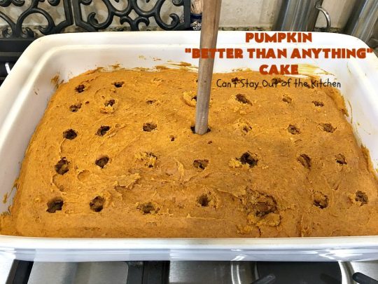 Pumpkin Better Than Anything Cake | Can't Stay Out of the Kitchen | this is one of the best #desserts I've ever tried. The #pumpkin #pokecake is filled with sweetened condensed milk so it's extremely moist. This easy #recipe also uses #HeathEnglishToffeeBit & #CaramelSundaeSauce. You'll be drooling after the first bite! #PumpkinCake #cake #CoolWhip #PumpkinDessert #EasyDessert #HolidayDessert #ThanksgivingDessert #ChristmasDessert