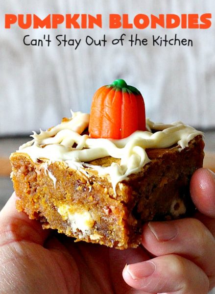 Pumpkin Blondies | Can't Stay Out of the Kitchen | these spectacular #cookies are filled with #butterscotch chips, white #chocolate chips, #pumpkin and #pecans. #CandyCorns at the top and a white chocolate glaze make them absolutely irresistible. #brownies #fall #FallBaking #holidays #dessert #ThanksgivingDessert #pumpkindessert