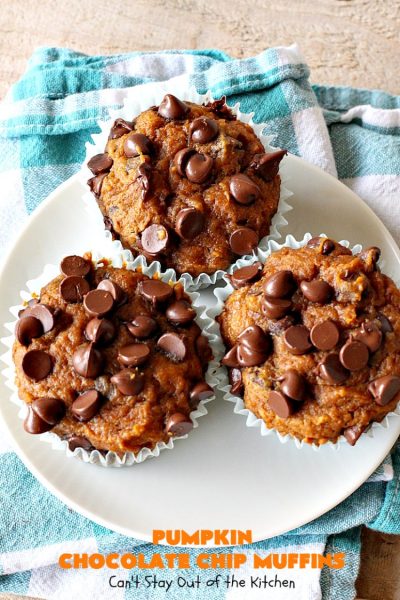 Pumpkin Chocolate Chip Muffins | Can't Stay Out of the Kitchen | these heavenly #pumpkin #muffins will knock your socks off! They're filled with #chocolate chips & delicately seasoned with #cinnamon, cloves & nutmeg. They're perfect for a #holiday or company  #breakfast. They're also terrific any time you want a chocolate fix! #ThanksgivingBreakfast #FallBaking #Fall #ChristmasBreakfast