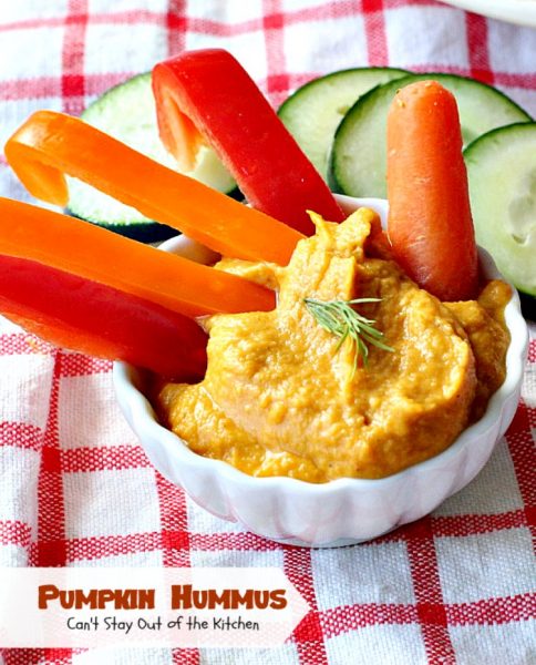 Pumpkin Hummus | Can't Stay Out of the Kitchen | this amazing #appetizer is perfect for #tailgating parties or the #SuperBowl! #Pumpkin is fabulous in #hummus.