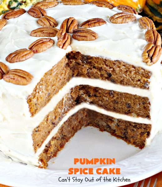 Pumpkin Spice Cake | Can't Stay Out of the Kitchen | this awesome #cake is filled with #pumpkin, spices & #pecans & topped with a heavenly #creamcheese frosting. #dessert