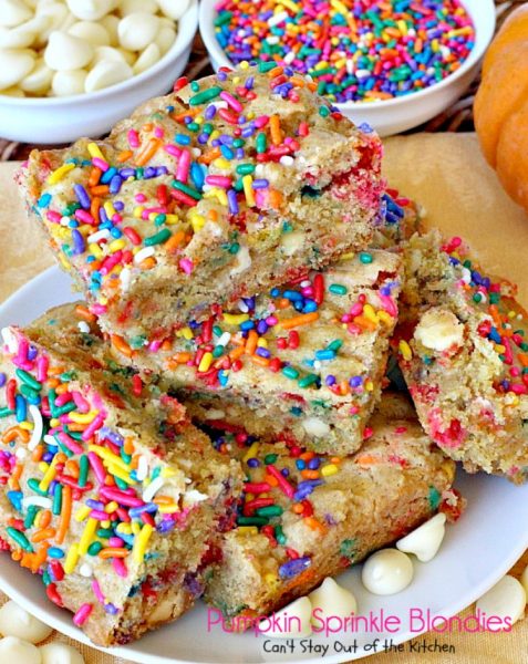 Pumpkin Sprinkle Blondies | Can't Stay Out of the Kitchen | These amazing blondies are so easy because they're made with a #pumpkin cake mix! Sprinkles & #whitechocolatechips make them fantastic. #dessert #chocolate #cookie
