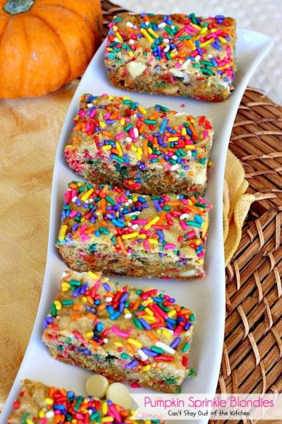 Pumpkin Sprinkle Blondies | Can't Stay Out of the Kitchen | These amazing blondies are so easy because they're made with a #pumpkin cake mix! Sprinkles & #whitechocolatechips make them fantastic. #dessert #chocolate #cookie