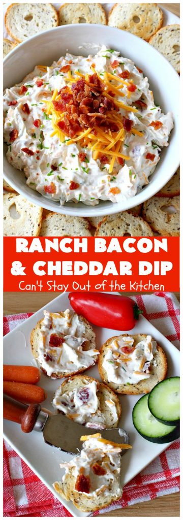 Ranch Bacon and Cheddar Dip | Can't Stay Out of the Kitchen | this is a fantastic 4-ingredient #recipe that will knock your socks off! Dry #RanchDressingMix adds so much flavor. #Bacon & #CheddarCheese make everything better! Terrific for #Tailgating parties, potlucks or backyard BBQs. #appetizer #TailgatingAppetizer #GlutenFree #GlutenFreeAppetizer #EasyAppetizer #4IngredientAppetizer