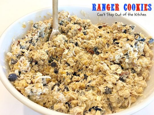 Ranger Cookies | Can't Stay Out of the Kitchen | these amazing #oatmeal #cookies contain #chocolatechips, #pecans, #coconut and #Kellogg'sCornFlakes! Excellent #dessert for any occasion.