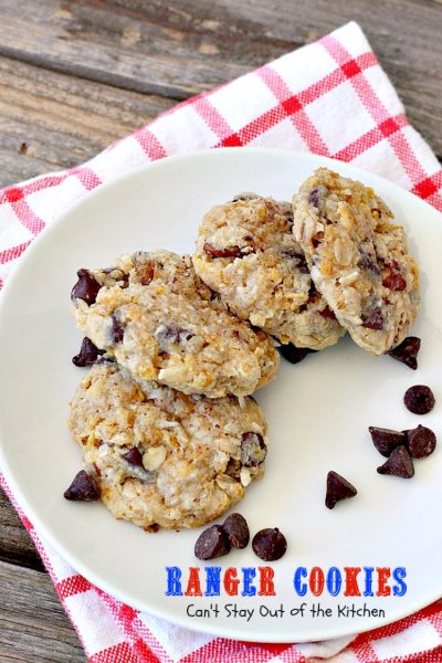 Ranger Cookies | Can't Stay Out of the Kitchen | these amazing #oatmeal #cookies contain #chocolatechips, #pecans, #coconut and #Kellogg'sCornFlakes! Excellent #dessert for any occasion.