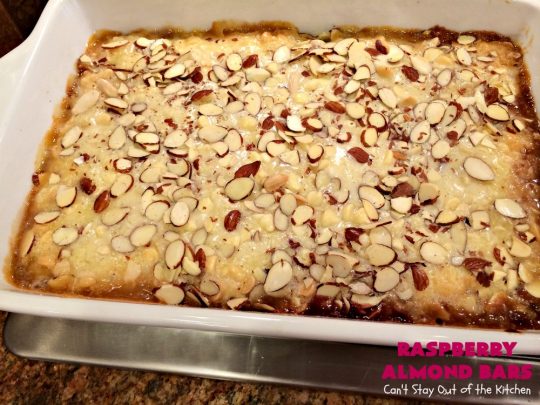 Raspberry Almond Bars | Can't Stay Out of the Kitchen | these irresistible #brownies are rich, decadent & absolutely sensational! They're perfect for #holiday & #Christmas #baking as they are so festive & beautiful. These layered #cookies use vanilla chips, #Raspberry preserves & #almonds. #holidaybaking #ChristmasCookieExchange #dessert #raspberrydessert