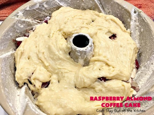 Raspberry Almond Coffee Cake | Can't Stay Out of the Kitchen | this fabulous #coffeecake is made with fresh #raspberries & has an #almond streusel filling. Terrific for a #holiday #breakfast like #MothersDay or #FathersDay. Also great served as a #dessert! #cake
