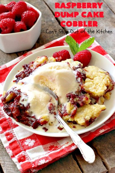 Raspberry Dump Cake Cobbler | Can't Stay Out of the Kitchen | this amazing #dumpcake uses #raspberry pie filling, #coconut & #almonds. It's the perfect treat for company, #holiday baking or potlucks. #dessert #cobbler