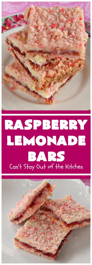 Raspberry Lemonade Bars | Can't Stay Out of the Kitchen | this heavenly 6-ingredient #recipe is perfect for #fall & #holiday #baking. It's especially good for #Christmas #cookie exchanges. It has a #raspberry preserves layer and a #cheesecake layer sandwiched between pink #lemonade cookie mix. So drool-worthy! #dessert #holidaydessert #Christmasdessert #raspberrydessert