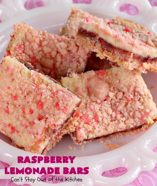 Raspberry Lemonade Bars | Can't Stay Out of the Kitchen | this heavenly 6-ingredient #recipe is perfect for #fall & #holiday #baking. It's especially good for #Christmas #cookie exchanges. It has a #raspberry preserves layer and a #cheesecake layer sandwiched between pink #lemonade cookie mix. So drool-worthy! #dessert #holidaydessert #Christmasdessert #raspberrydessert