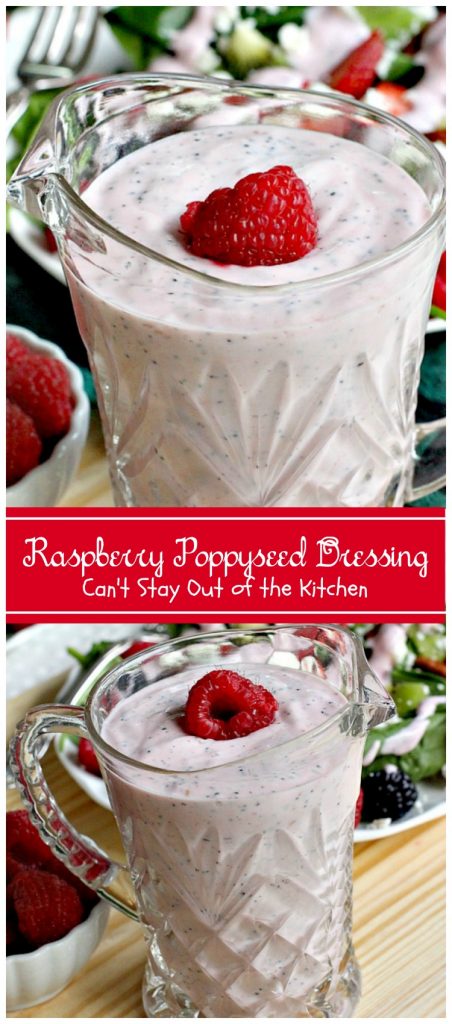 Raspberry Poppyseed Dressing | Can't Stay Out of the Kitchen | amazing #saladdressing with #Greekyogurt #raspberries #poppyseeds and made with honey and avocado oil! Healthy, #glutenfree & #cleaneating