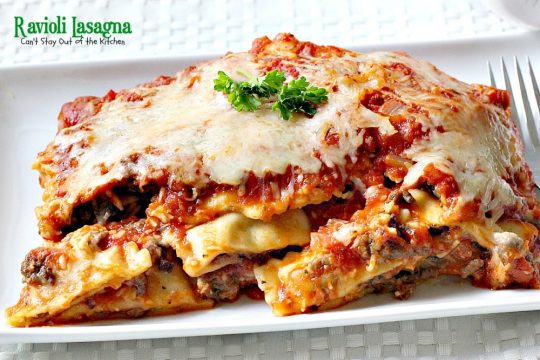 Ravioli Lasagna | Can't Stay Out of the Kitchen | this amazing #lasagna is SOOO quick and easy to make. It uses #beef or cheese #ravioli and #spaghettisauce making it so effortless on weeknights when you don't have a lot of time to prepare a meal. #pasta
