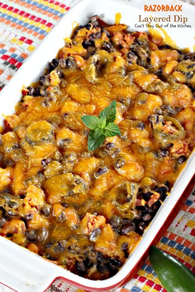 Razorback Layered Dip | Can't Stay Out of the Kitchen | this amazing #Tex-Mex #appetizer has only 4 ingredients. Quick, easy, sensational! #cheese #glutenfree #blackbeans