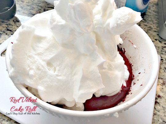 Red Velvet Cake Roll | Can't Stay Out of the Kitchen | spectacular #PaulaDeen recipe to die for! #RedVelvet #cake has a fantastic #whitechocolate #cheesecake filling. Great for the #holidays, anniversaries or #Valentine'sDay. #dessert #chocolate