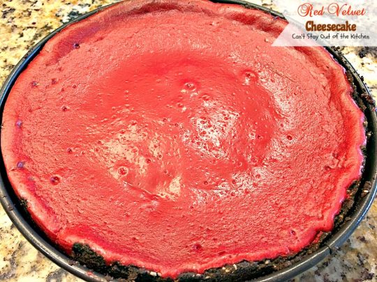 Red Velvet Cheesecake | Can't Stay Out of the Kitchen | this outrageous #dessert has an #Oreo, almond & chocolate chip crust and is filled with milk #chocolate & cream cheese for a velvety, creamy texture you'll love. Great for #Valentine'sDay.