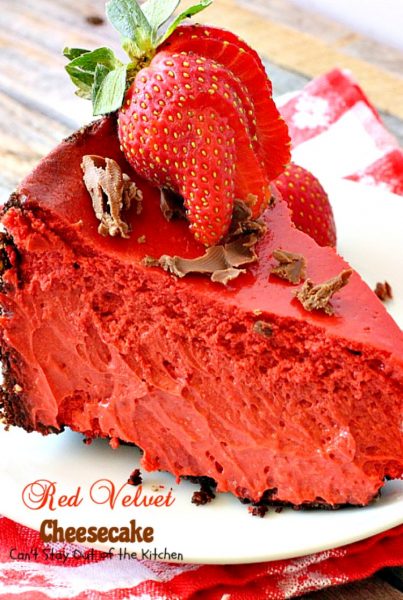 Red Velvet Cheesecake | Can't Stay Out of the Kitchen | this outrageous #dessert has an #Oreo, almond & chocolate chip crust and is filled with milk #chocolate & cream cheese for a velvety, creamy texture you'll love. Great for #Valentine'sDay.