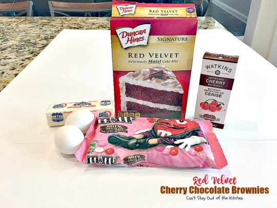 Red Velvet Cherry Chocolate Brownies | Can't Stay Out of the Kitchen | these fantastic #brownies start with a #RedVelvet cake mix and #M&M's. Totally outrageous #dessert you've got to make for #Valentine'sDay!