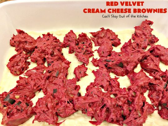 Red Velvet Cream Cheese Brownies | Can't Stay Out of the Kitchen | these favorite #holiday #brownies start with a #RedVelvet #cakemix. The #cheesecake layer includes #coconut adding extra punch. This terrific #cookie is wonderful for #Christmas or #ValentinesDay parties or #ChristmasCookieExchanges. #dessert #chocolate #Red VelvetDessert #ChocolateDessert #brownie #HolidayDessert
