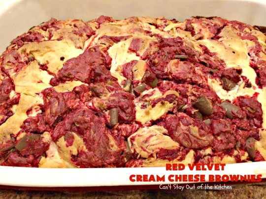 Red Velvet Cream Cheese Brownies | Can't Stay Out of the Kitchen | these favorite #holiday #brownies start with a #RedVelvet #cakemix. The #cheesecake layer includes #coconut adding extra punch. This terrific #cookie is wonderful for #Christmas or #ValentinesDay parties or #ChristmasCookieExchanges. #dessert #chocolate #Red VelvetDessert #ChocolateDessert #brownie #HolidayDessert