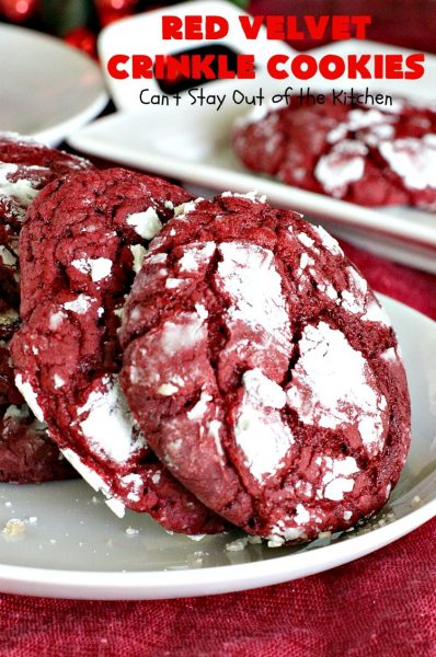 Red Velvet Crinkle Cookies | Can't Stay Out of the Kitchen | these sensational 6-ingredient #cookies are perfect for the #holidays & #Christmas #baking. They start with a #RedVelvet #cakemix making them so quick & easy. #Dessert #RedVelvetCookies #RedVelvetDessert #ChristmasDessert #ChristmasCookieExchange