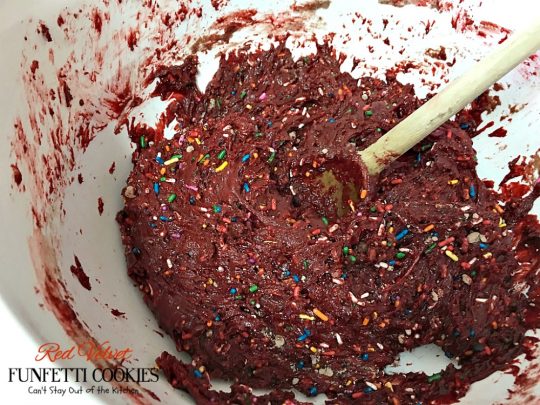 Red Velvet Funfetti Cookies | Can't Stay Out of the Kitchen | these amazing #cookies are so easy since they start with a #RedVelvet #cakemix! Then they're filled with sprinkles for a quick and easy #dessert you can make in about 20 minutes! #chocolate