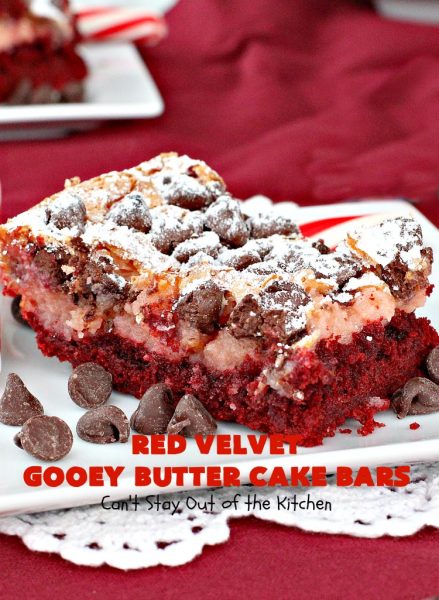 Red Velvet Gooey Butter Cake Bars | Can't Stay Out of the Kitchen | the most awesome #RedVelvet #Brownies ever! The luscious #cheesecake layer is ooey, gooey, decadent & delicious! Terrific #ValentinesDay #dessert.