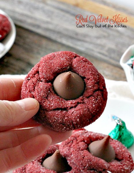 Red Velvet Kisses | Can't Stay Out of the Kitchen | these amazing #redvelvet #cookies have a #Hersheys kiss in the center. Fabulous for #holiday baking. #chocolate #dessert