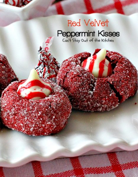 Red Velvet Peppermint Kisses | Can't Stay Out of the Kitchen | these #RedVelvet #cookies are heavenly! #Hershey's peppermint-flavored candy cane kisses are put in the centers adding divine flavor. #chocolate #dessert