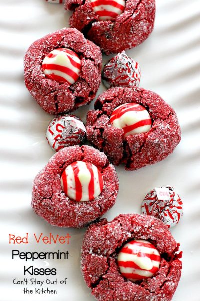 Red Velvet Peppermint Kisses | Can't Stay Out of the Kitchen | these #RedVelvet #cookies are heavenly! #Hershey's peppermint-flavored candy cane kisses are put in the centers adding divine flavor. #chocolate #dessert