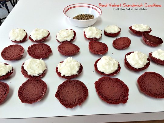 Red Velvet Sandwich Cookies | Can't Stay Out of the Kitchen | the most spectacular #redvelvet #cookie ever! These #whoopiepies have a luscious cream cheese, coconut and pecan frosting. They're absolutely amazing. #dessert