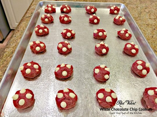 Red Velvet White Chocolate Chip Cookies | Can't Stay Out of the Kitchen| these delicious #redvelvet #cookies are filled with #whitechocolatechips for a rich, deep #chocolate flavor. #dessert
