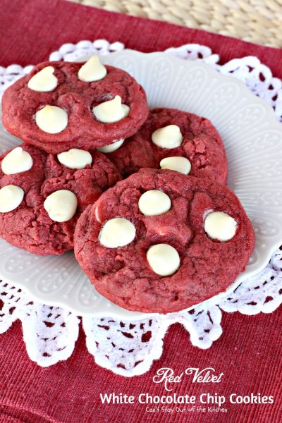 Red Velvet White Chocolate Chip Cookies | Can't Stay Out of the Kitchen| these delicious #redvelvet #cookies are filled with #whitechocolatechips for a rich, deep #chocolate flavor. #dessert