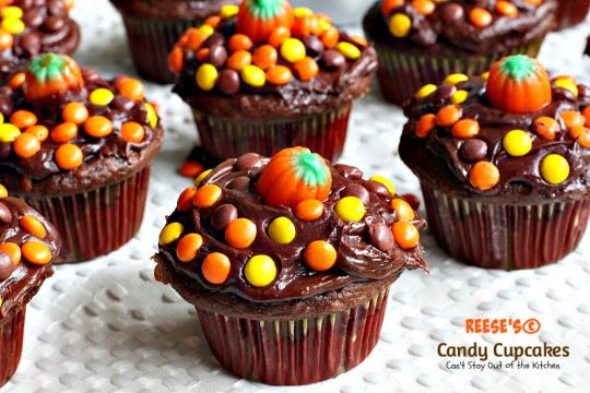 Reese's Candy Cupcakes | Can't Stay Out of the Kitchen | These incredibly delicious #chocolate #cupcakes are filled and topped with #Reese's candies. Quick and easy, too. #dessert