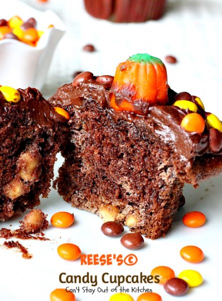 Reese's Candy Cupcakes | Can't Stay Out of the Kitchen | These incredibly delicious #chocolate #cupcakes are filled and topped with #Reese's candies. Quick and easy, too. #dessert